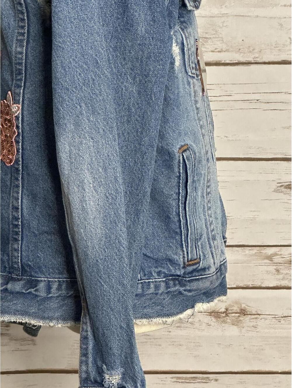 Disney distressed jean jacket Size 7/8 denim medium wash sequin embroidered - Picture 4 of 9